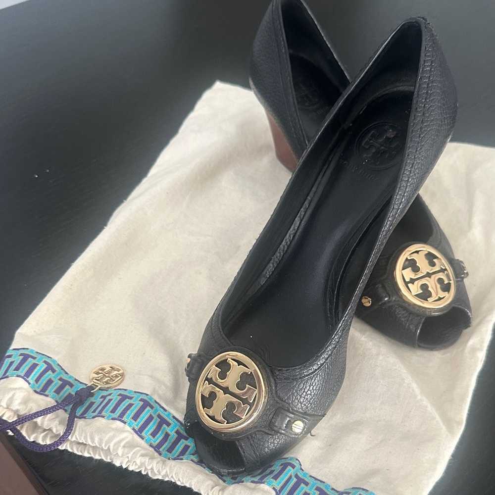 Tory Burch Black Leather Peep Toe Heels with Gold Logo